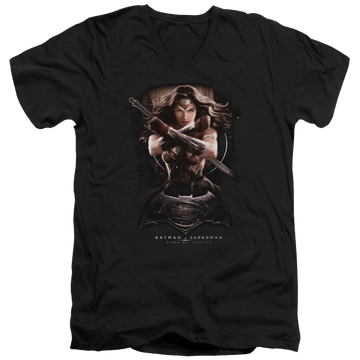 Black men's v-neck t-shirt with Batman v Superman Ww Ground Zero graphic