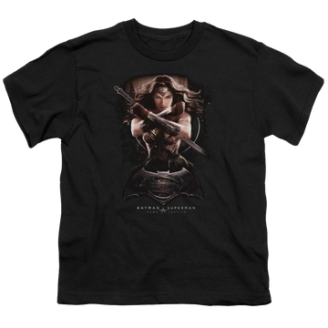 Black youth t-shirt for ages 8 to 12 with Batman v Superman Ww Ground Zero graphic