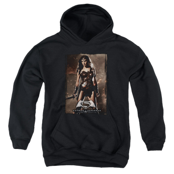 Black youth hoodie for ages 8 to 12 with Batman v Superman Ww Poster graphic