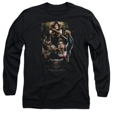 Black men's long sleeve t-shirt with Batman v Superman Three In Action graphic