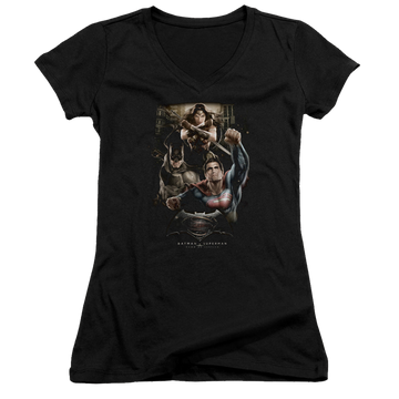 Batman v Superman Three In Action - Juniors V-Neck T-Shirt Juniors V-Neck T-Shirt Batman