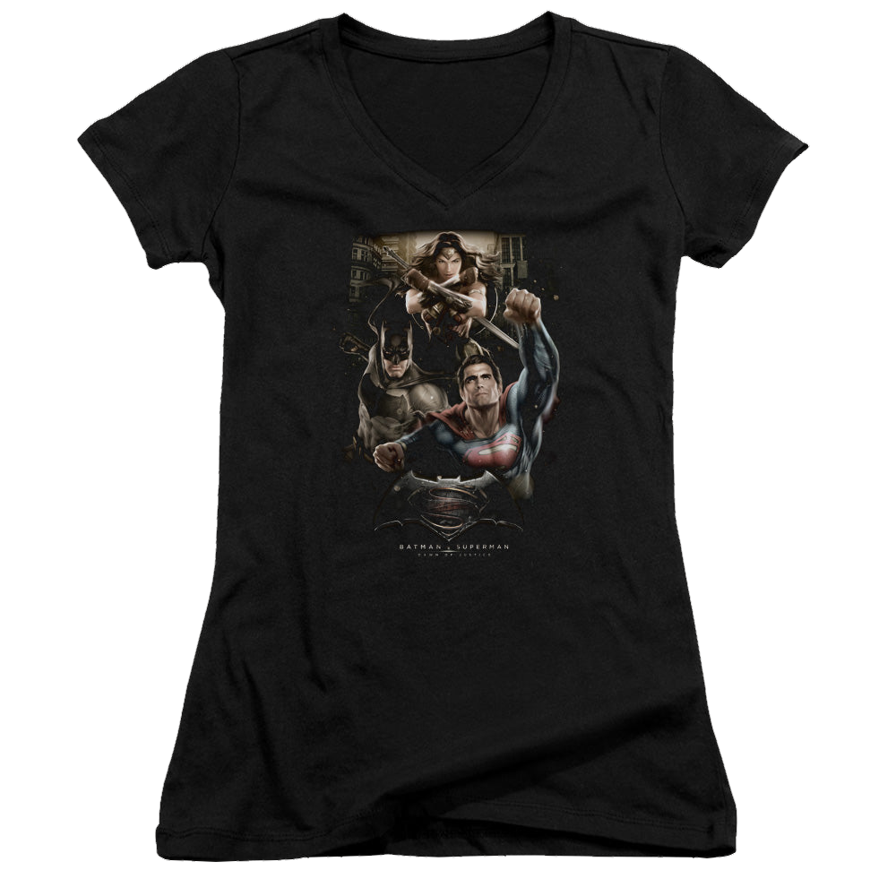 Batman v Superman Three In Action - Juniors V-Neck T-Shirt Juniors V-Neck T-Shirt Batman
