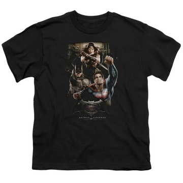 Black youth t-shirt for ages 8 to 12 with Batman v Superman Three In Action graphic