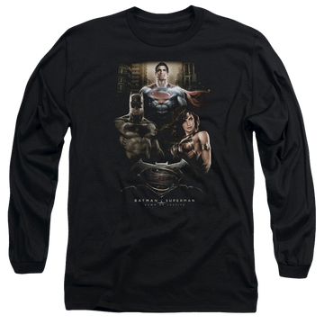 Black men's long sleeve t-shirt with Batman v Superman Thre Three graphic