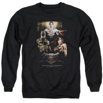 Black men's crewneck sweatshirt with Batman v Superman Thre Three graphic