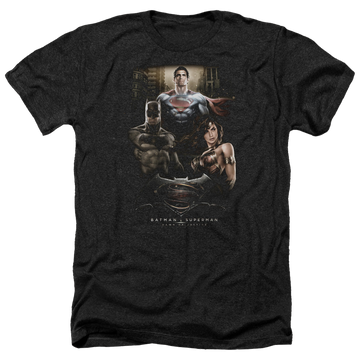 Charcoal men's heather t-shirt with Batman v Superman Thre Three graphic