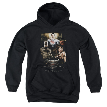 Black youth hoodie for ages 8 to 12 with Batman v Superman Thre Three graphic
