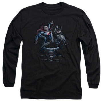 Black men's long sleeve t-shirt with Batman v Superman Team Up graphic