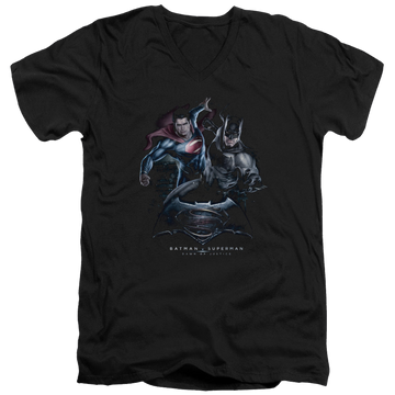 Black men's v-neck t-shirt with Batman v Superman Team Up graphic