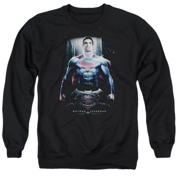 Black men's crewneck sweatshirt with Batman v Superman Supe Ground Zero graphic