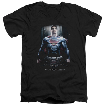 Black men's v-neck t-shirt with Batman v Superman Supe Ground Zero graphic