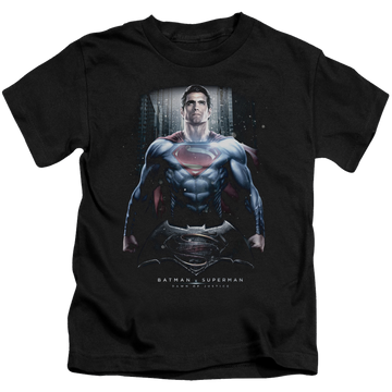 Black kid's t-shirt for ages 4 to 7 with Batman v Superman Supe Ground Zero graphic