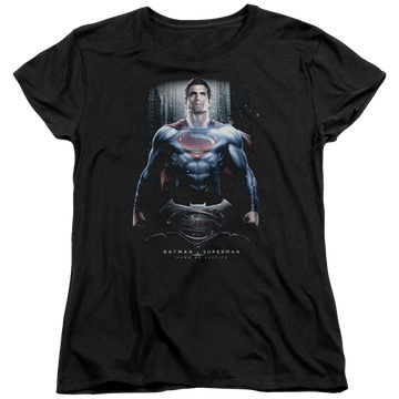 Black women's t-shirt with Batman v Superman Supe Ground Zero graphic