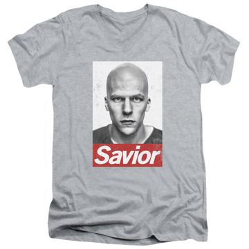 Athletic heather men's v-neck t-shirt with Batman v Superman Savior graphic