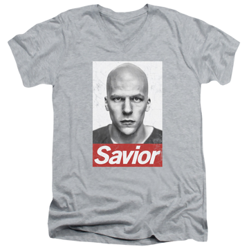 Athletic heather men's v-neck t-shirt with Batman v Superman Savior graphic