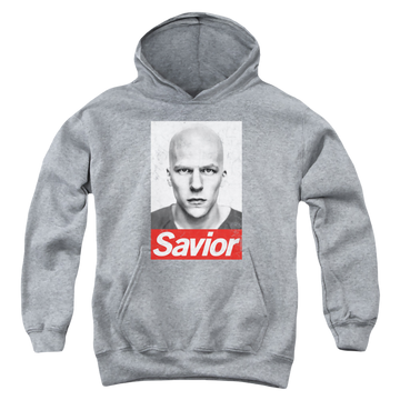 Athletic heather youth hoodie for ages 8 to 12 with Batman v Superman Savior graphic