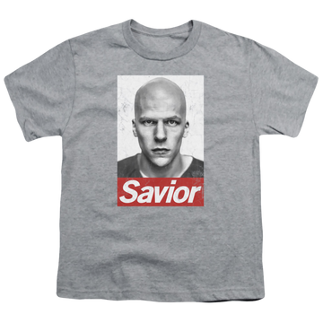 Athletic heather youth t-shirt for ages 8 to 12 with Batman v Superman Savior graphic