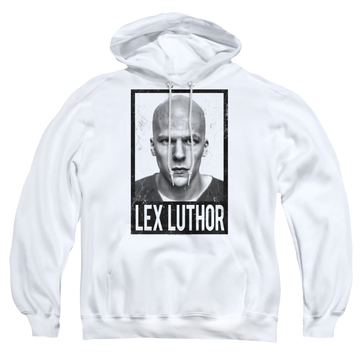White pullover hoodie with Batman v Superman Luthor graphic
