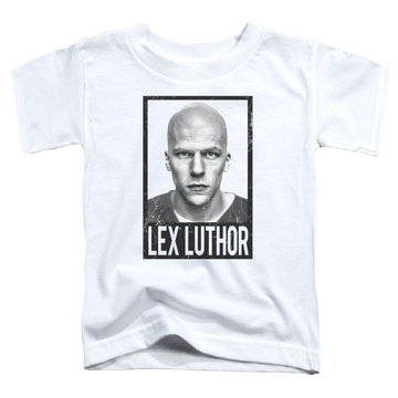 White kid's t-shirt for ages 4 to 7 with Batman v Superman Luthor graphic