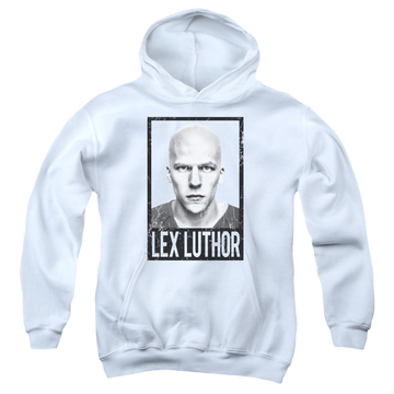 White youth hoodie for ages 8 to 12 with Batman v Superman Luthor graphic