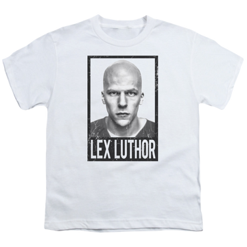 White youth t-shirt for ages 8 to 12 with Batman v Superman Luthor graphic
