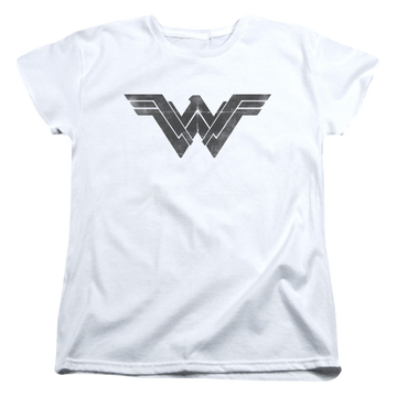 White women's t-shirt with Batman v Superman Folded And Distressed graphic