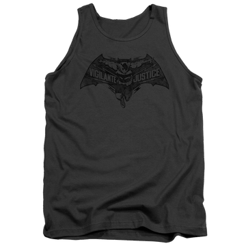 Charcoal men's tank with Batman v Superman Vigilante Justice graphic