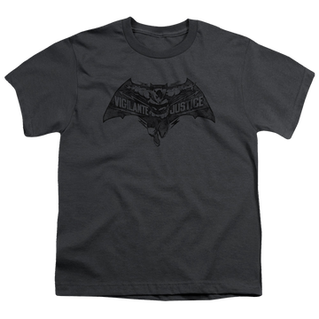 Charcoal youth t-shirt for ages 8 to 12 with Batman v Superman Vigilante Justice graphic