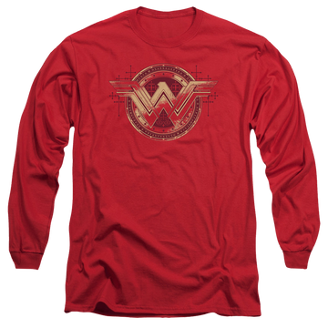 Red men's long sleeve t-shirt with Batman v Superman Wonder Shield graphic