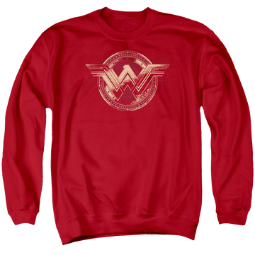 Red men's crewneck sweatshirt with Batman v Superman Wonder Shield graphic