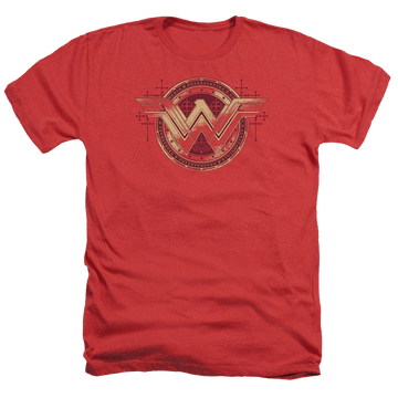 Red men's heather t-shirt with Batman v Superman Wonder Shield graphic