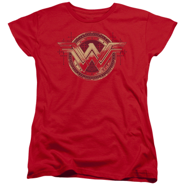 Red women's t-shirt with Batman v Superman Wonder Shield graphic