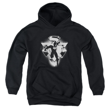Black youth hoodie for ages 8 to 12 with Batman v Superman Triple Diamond graphic