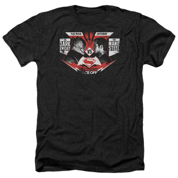 Charcoal men's heather t-shirt with Batman v Superman Ultimate Face Off graphic