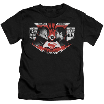 Black kid's t-shirt for ages 4 to 7 with Batman v Superman Ultimate Face Off graphic