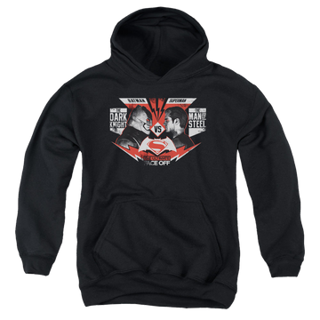 Black youth hoodie for ages 8 to 12 with Batman v Superman Ultimate Face Off graphic