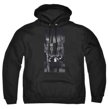 Black pullover hoodie with Batman v Superman Rainy Viglante graphic
