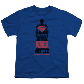 Royal youth t-shirt for ages 8 to 12 with Batman v Superman Super Justice graphic