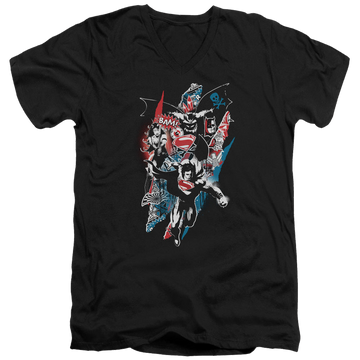 Black men's v-neck t-shirt with Batman v Superman Ripped Trio 2 graphic