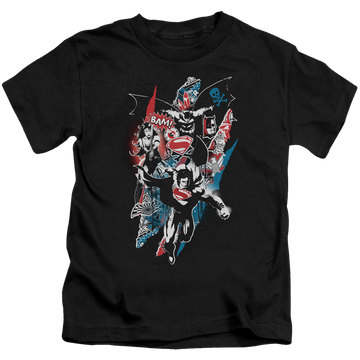 Black kid's t-shirt for ages 4 to 7 with Batman v Superman Ripped Trio 2 graphic