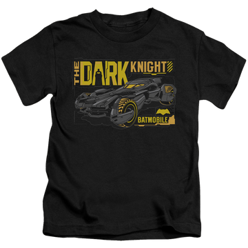 Black kid's t-shirt for ages 4 to 7 with Batman v Superman Mobil Dark Knight graphic