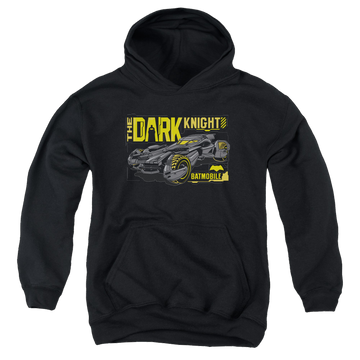 Black youth hoodie for ages 8 to 12 with Batman v Superman Mobil Dark Knight graphic