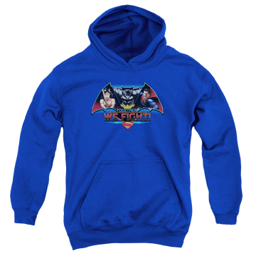 Royal youth hoodie for ages 8 to 12 with Batman v Superman Together We Fight graphic