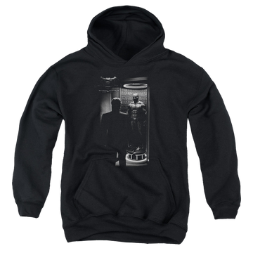 Black youth hoodie for ages 8 to 12 with Batman v Superman Suit Up graphic