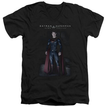 Black men's v-neck t-shirt with Batman v Superman Stand Tall graphic