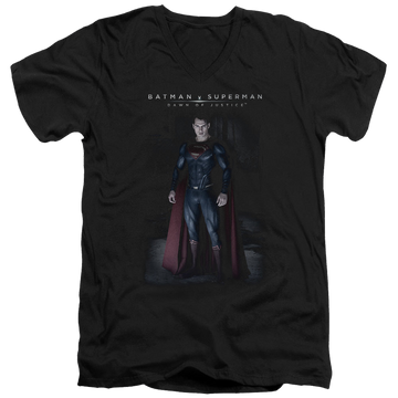 Black men's v-neck t-shirt with Batman v Superman Stand Tall graphic