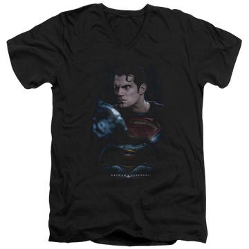 Black men's v-neck t-shirt with Batman v Superman Super Angry graphic