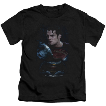 Black kid's t-shirt for ages 4 to 7 with Batman v Superman Super Angry graphic