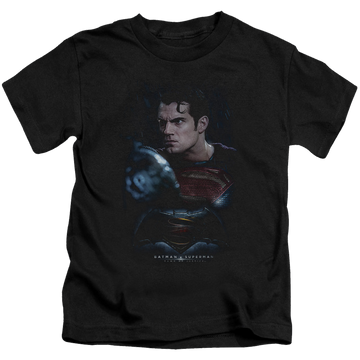 Black kid's t-shirt for ages 4 to 7 with Batman v Superman Super Angry graphic
