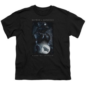 Black youth t-shirt for ages 8 to 12 with Batman v Superman Signal graphic